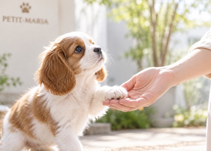 スタッフの手に前足をのせる子犬